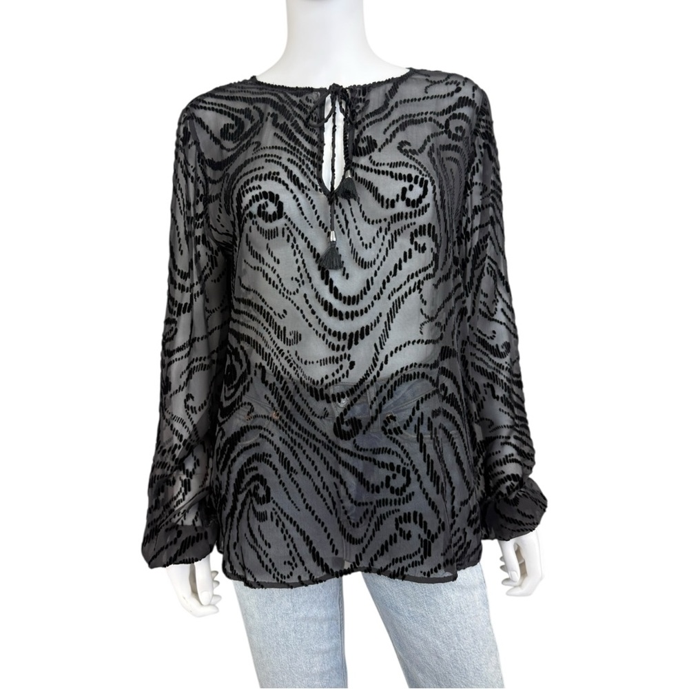 Paige Black Sheer Velvet Print Blouse Size L N0609